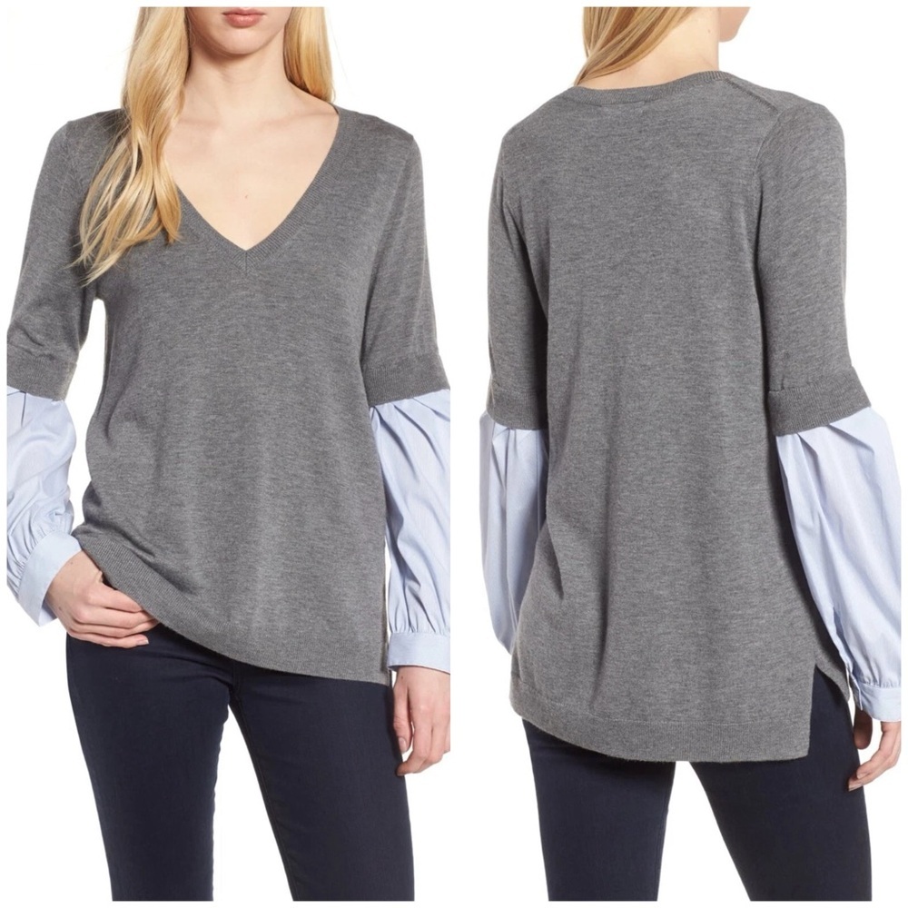 Trouvé Gray V-Neck Sweater Top w/ Contrast Blue Balloon‎ Sleeves Size Small NWT